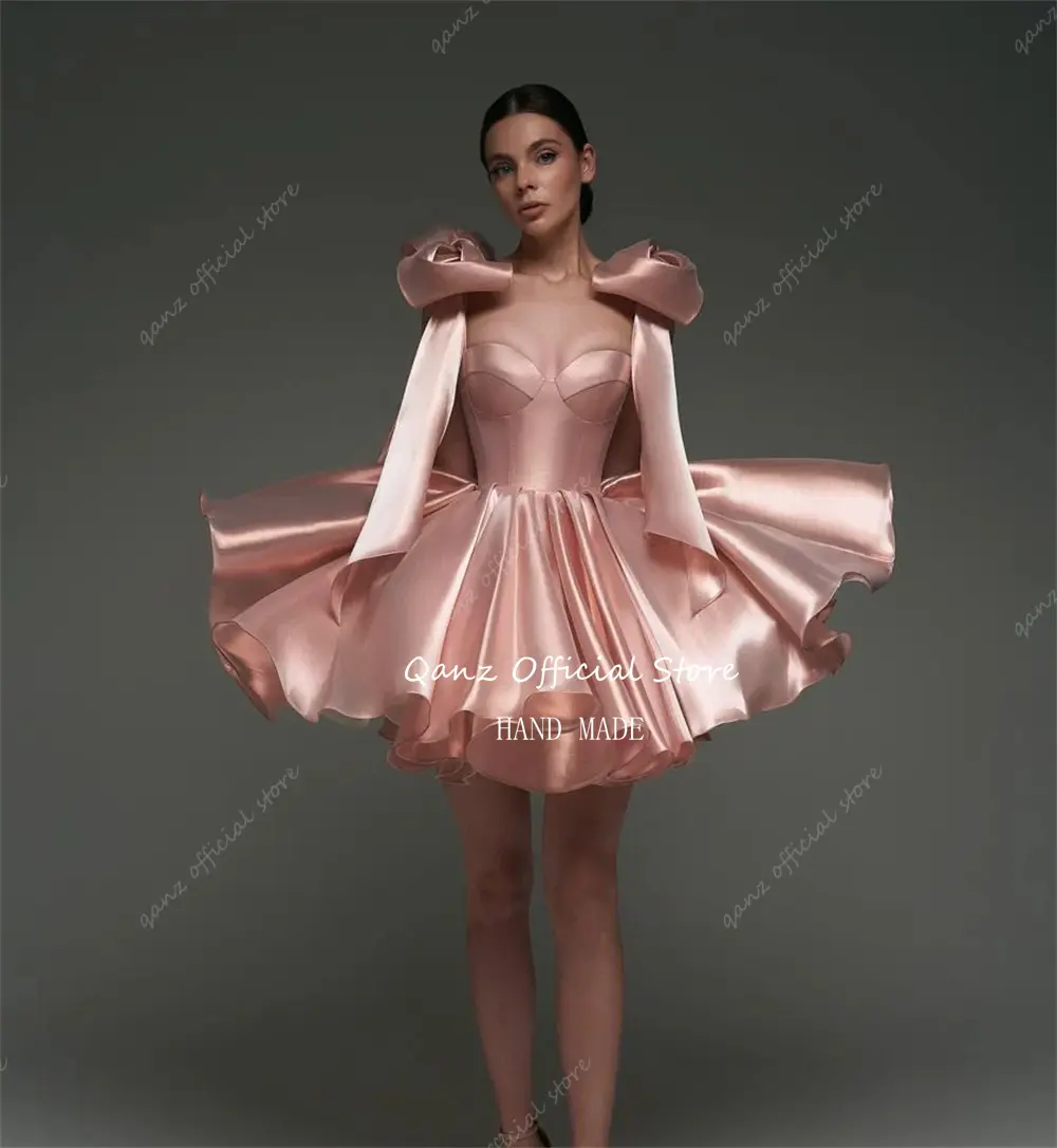 Qanz Rose Gold Graduation Dress 2025 Sweetheart Short A Line Puff Homecoming Dresses Bow Straps Satin Birthday Dress Customized