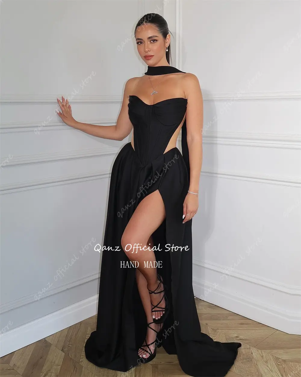 Qanz Modern Black Satin Evening Dresses High Slit Sweetheart Vestidos De Noche Ribbon Long Formal Occasion Dresses Customized