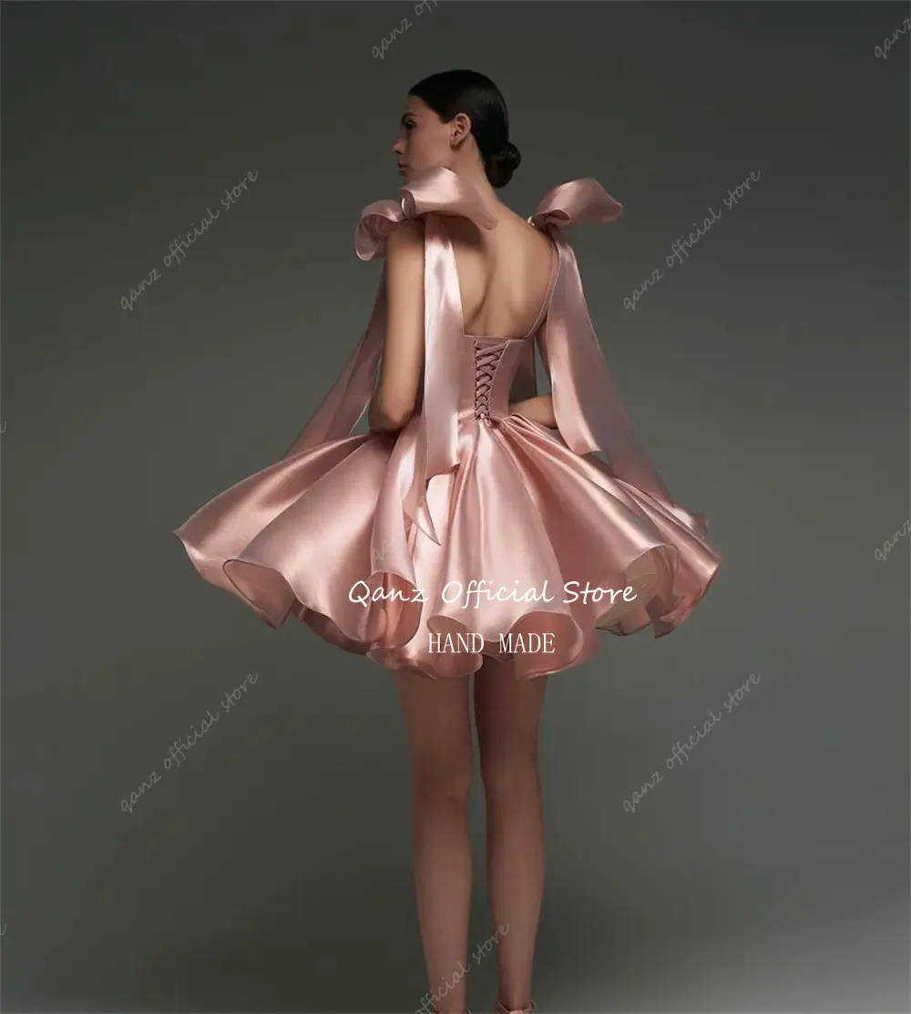 Qanz Rose Gold Graduation Dress 2025 Sweetheart Short A Line Puff Homecoming Dresses Bow Straps Satin Birthday Dress Customized