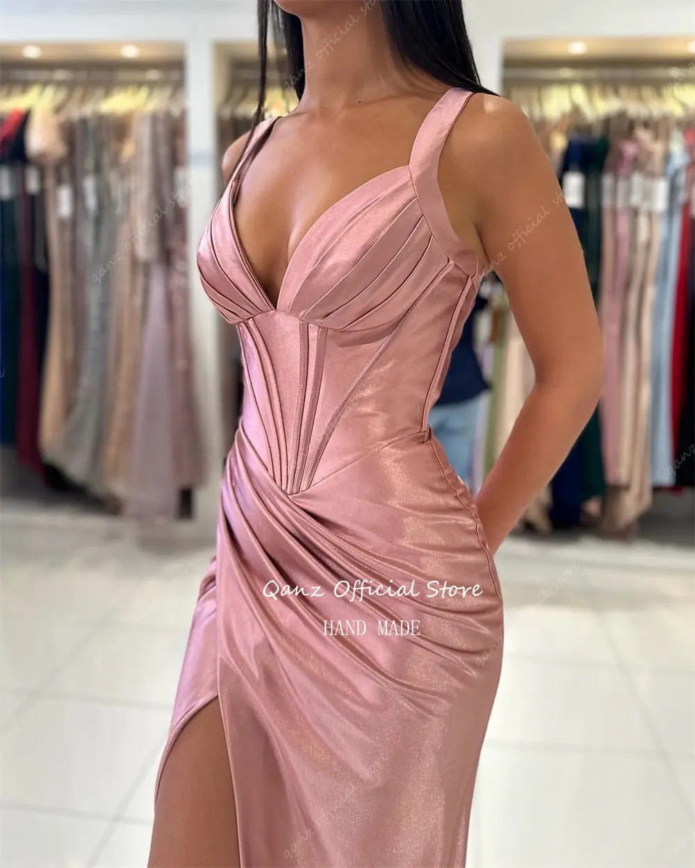 Qanz Dirty Pink Prom Dresses High Slit Mermaid Satin Vestidos De Fiesta Elegantes Spaghetti Straps Robes De Soirée Customized