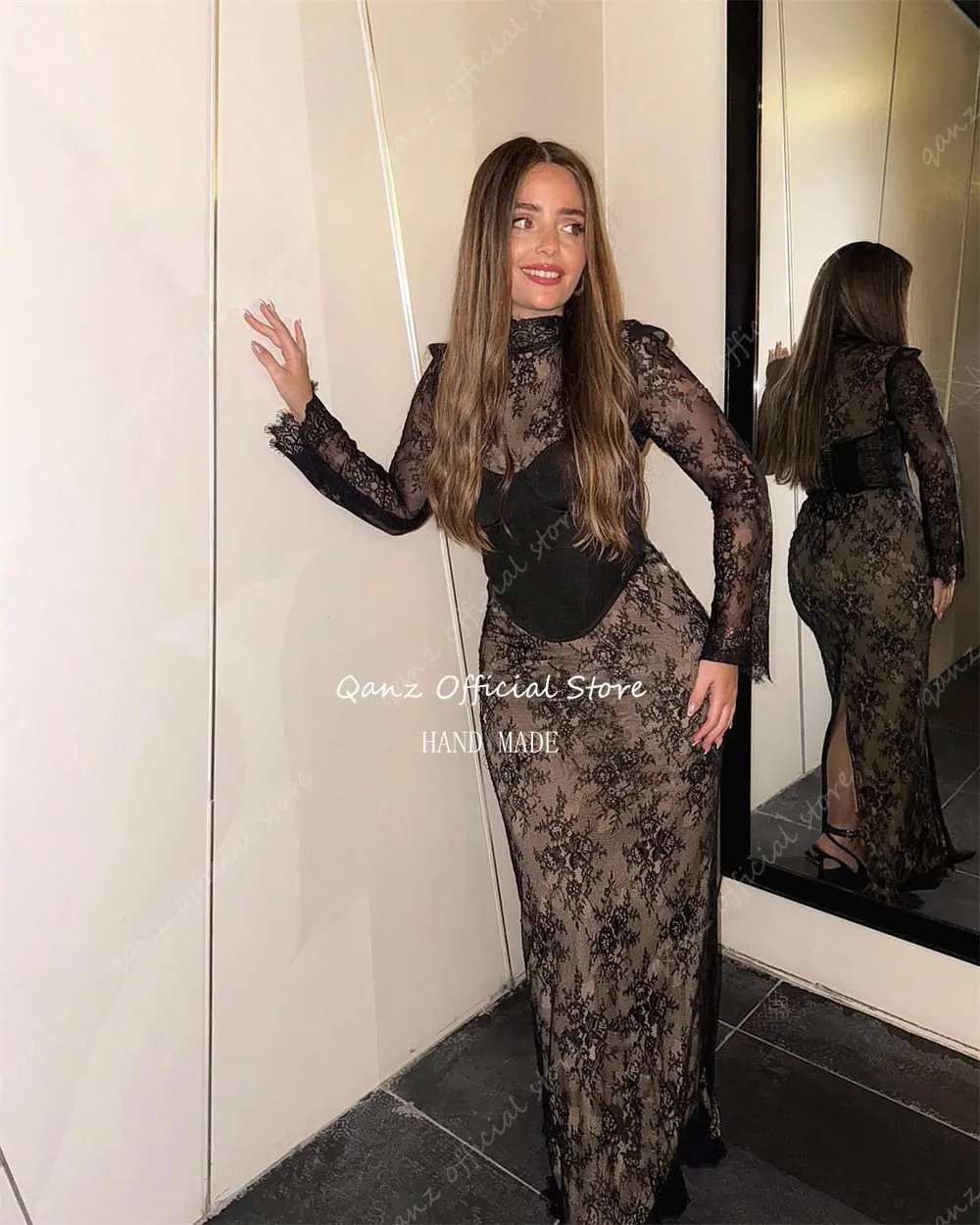 Qanz Sexy Lace Evening Dresses Mermaid Skin Tone Lining Long Sleeves Party Dresses Slit Bespoke Occasion Dresses 2025 Customized