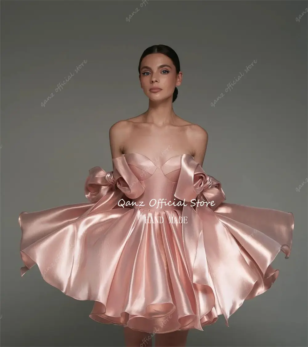 Qanz Rose Gold Graduation Dress 2025 Sweetheart Short A Line Puff Homecoming Dresses Bow Straps Satin Birthday Dress Customized
