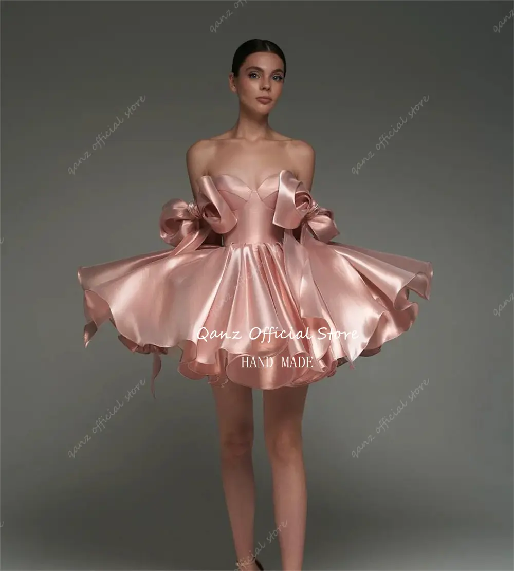 Qanz Rose Gold Graduation Dress 2025 Sweetheart Short A Line Puff Homecoming Dresses Bow Straps Satin Birthday Dress Customized