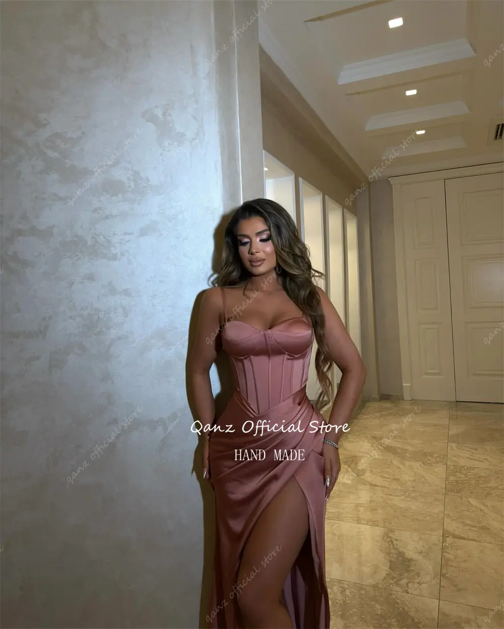 Qanz Sexy Mermaid Prom Dresses Spaghetti Straps High Slit Satin Dubai Evening Dress Sweetheart Vestidos De Fiesta Customized