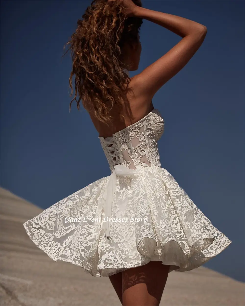 Qanz Beach 3D Flowers Wedding Dress Short strapless Appliques Lace Up A Line Dresses Customized Vestidos De Novias Para Boda