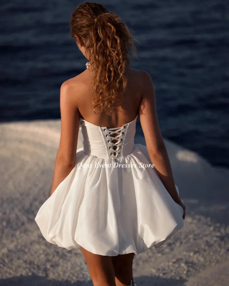 Qanz Satin Sweetheart Exposed Short Wedding Dress Vestidos Para Mujer Elegantes Y Bonitos White Vestidos De Novia Customized