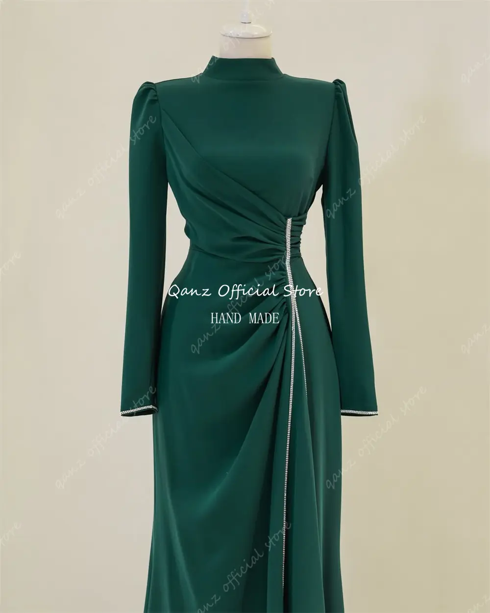 Qanz Modest Navy Blue Evening Dresses Long Sleeves Satin Mermaid Formal Occasion Dresses Crysatl Prom Dresses 2025 Customized