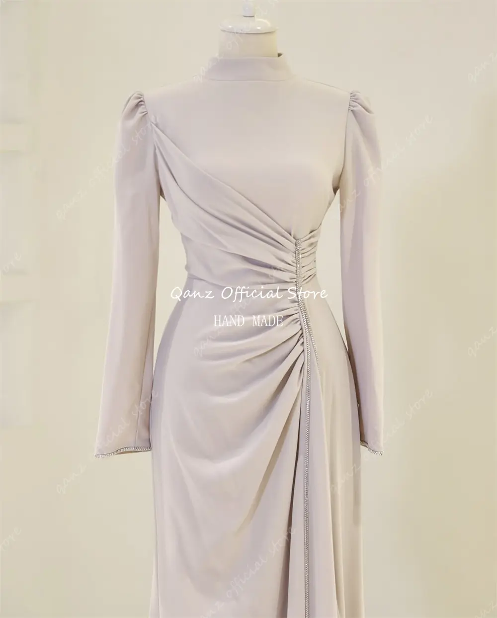 Qanz Modest Navy Blue Evening Dresses Long Sleeves Satin Mermaid Formal Occasion Dresses Crysatl Prom Dresses 2025 Customized