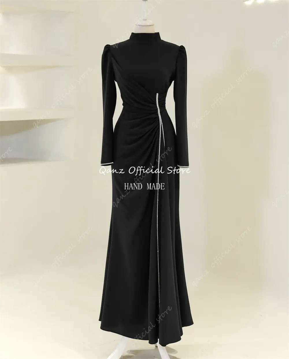 Qanz Modest Navy Blue Evening Dresses Long Sleeves Satin Mermaid Formal Occasion Dresses Crysatl Prom Dresses 2025 Customized