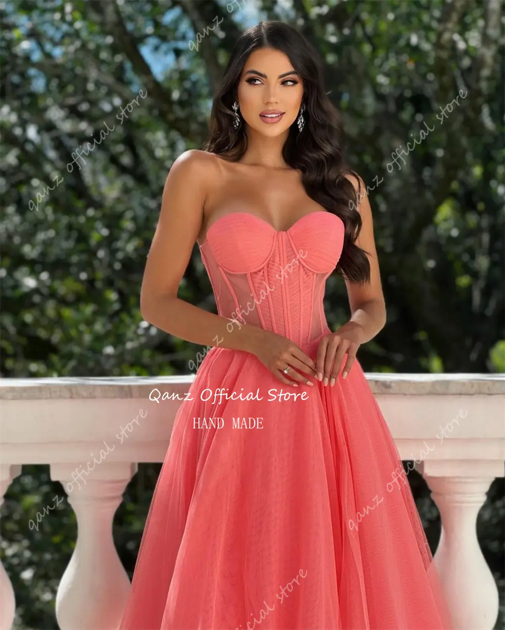 Qanz Elegant Evening Dresses Coral Pink Tulle Sweetheart Vestidos De Noche High Slit Long Formal Occasion Dresse Customized