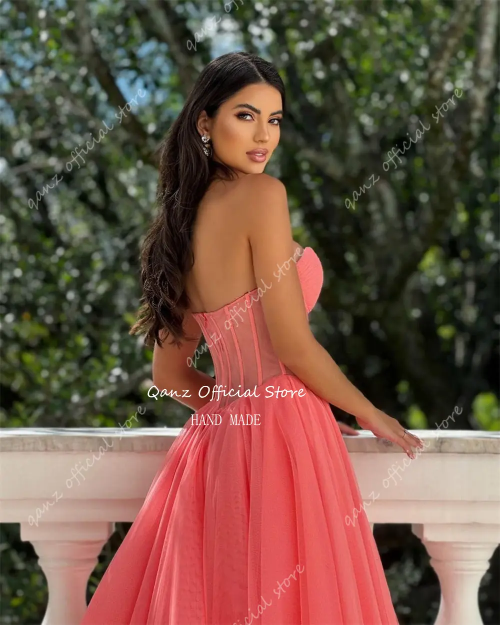 Qanz Elegant Evening Dresses Coral Pink Tulle Sweetheart Vestidos De Noche High Slit Long Formal Occasion Dresse Customized