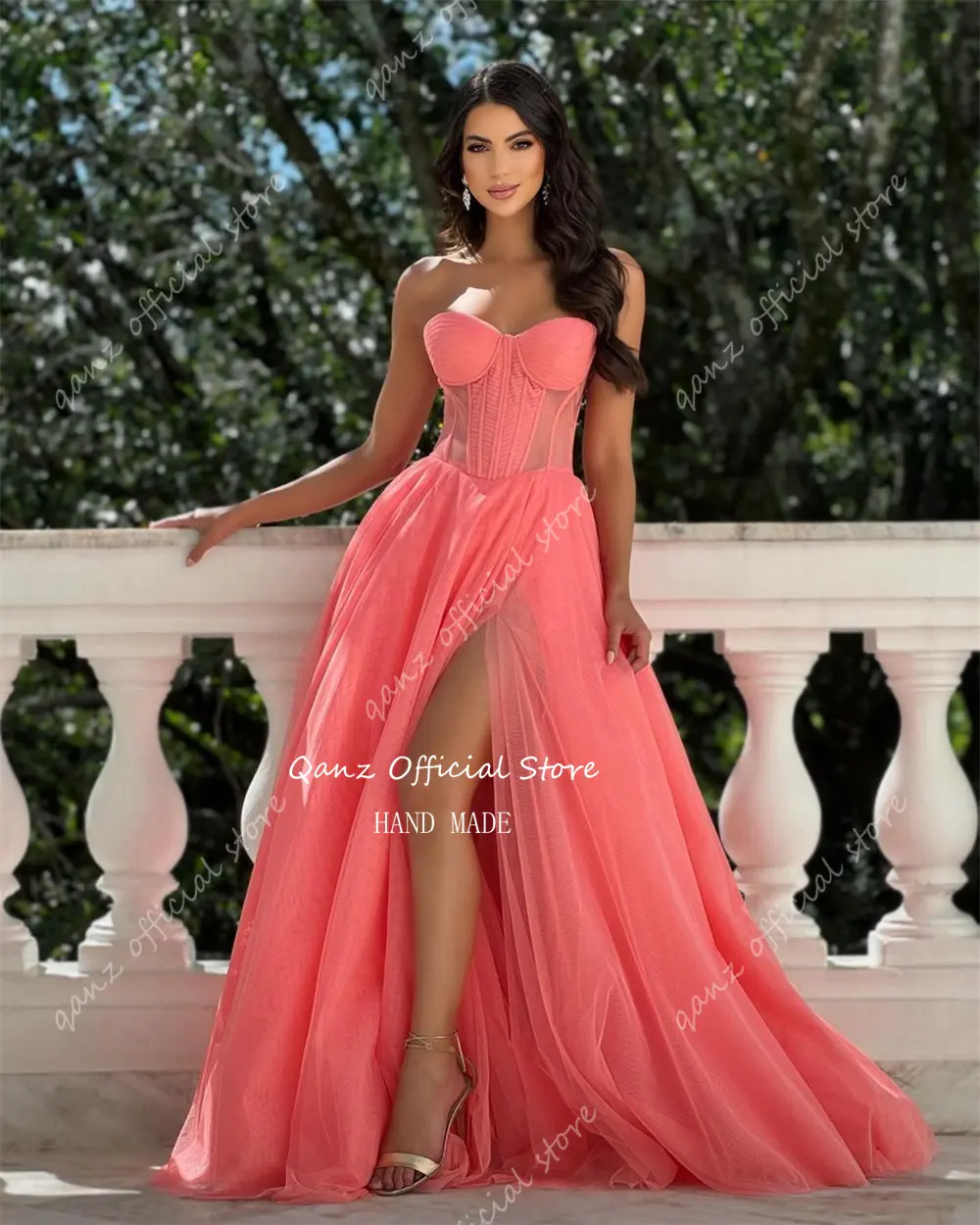 Qanz Elegant Evening Dresses Coral Pink Tulle Sweetheart Vestidos De Noche High Slit Long Formal Occasion Dresse Customized