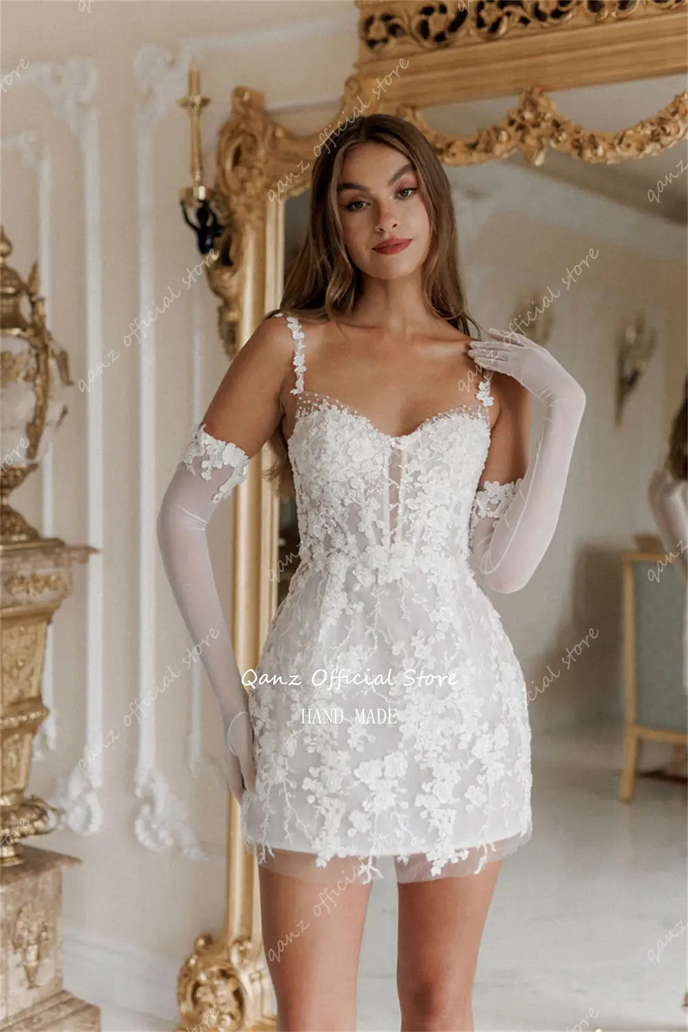 Qanz Chic Lace Wedding Dress Spaghetti Straps Short Vestidos De Novia Appliques 3D Flowers Robe De Mariée Customized
