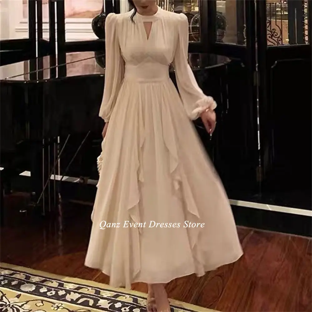Qazn Modern Chiffon Silk Evening Dresses Long Sleeves O Neck A Line Ruffles Wedding Party Dress Prom Dress Women 2024 Customized