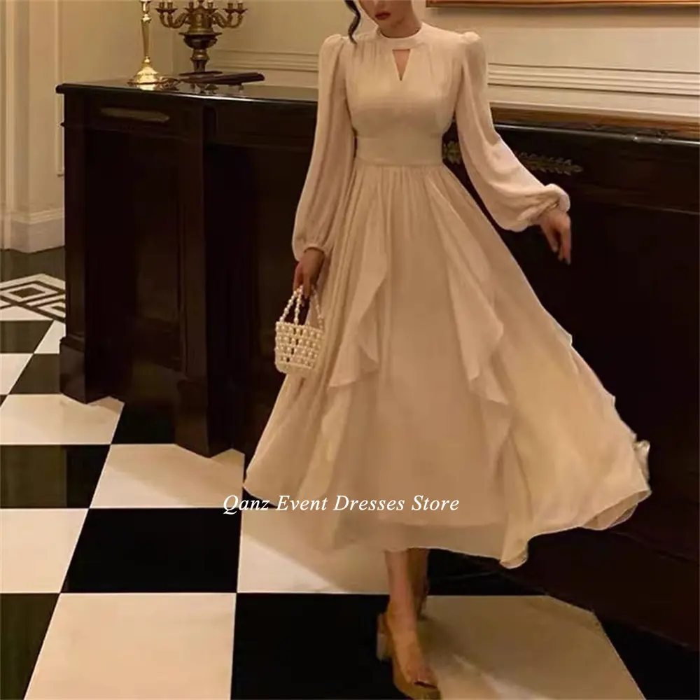 Qazn Modern Chiffon Silk Evening Dresses Long Sleeves O Neck A Line Ruffles Wedding Party Dress Prom Dress Women 2024 Customized