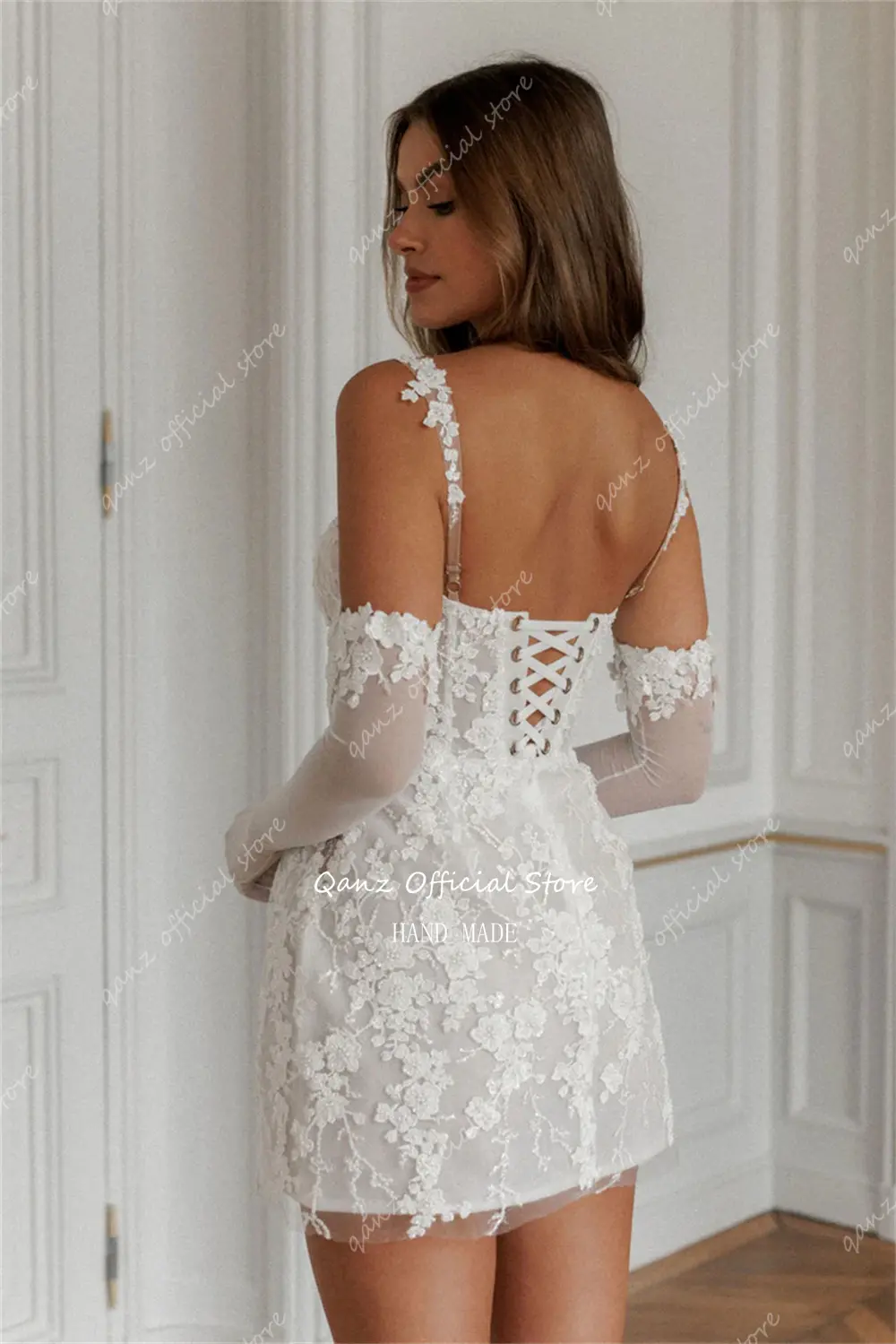 Qanz Chic Lace Wedding Dress Spaghetti Straps Short Vestidos De Novia Appliques 3D Flowers Robe De Mariée Customized