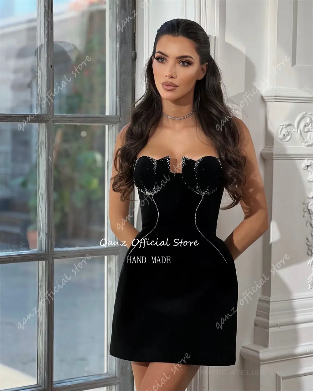 Qanz Velour Black Prom Dress Mermaid Lace Up Back Short Cocktail Dress Crysatl Strapless Mermaid Vestidos De Festa Customized