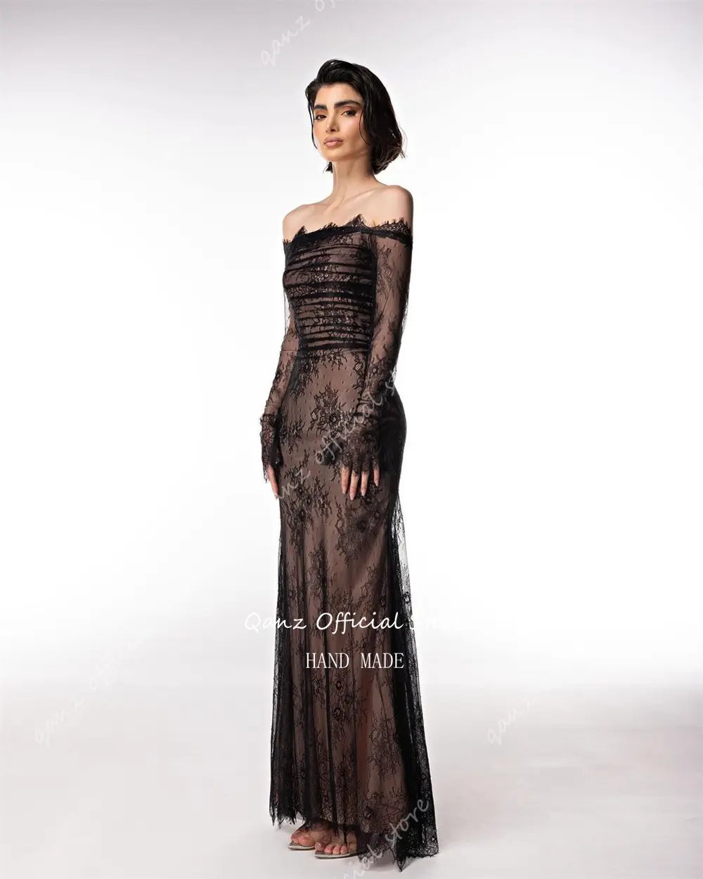 Qanz Luxury Dubai Evening Dress Black Lace Boat Neck Long Sleeves Prom Dresses Mermaid Vstidos De Fiesta Elegantes Customized