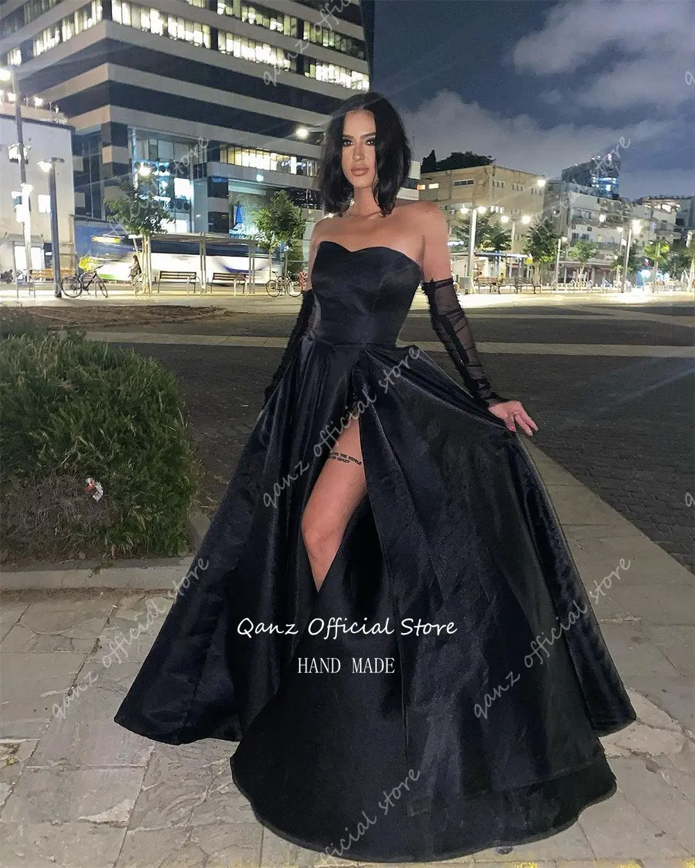 Qanz Elegant Black Long A Line Evening Dresses Strapless High Slit Satin Party Dresses Women Robe De Soiree Femmes Customized