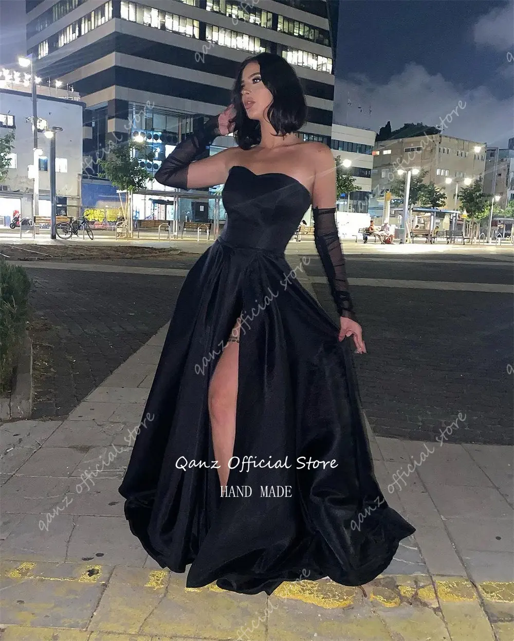 Qanz Elegant Black Long A Line Evening Dresses Strapless High Slit Satin Party Dresses Women Robe De Soiree Femmes Customized