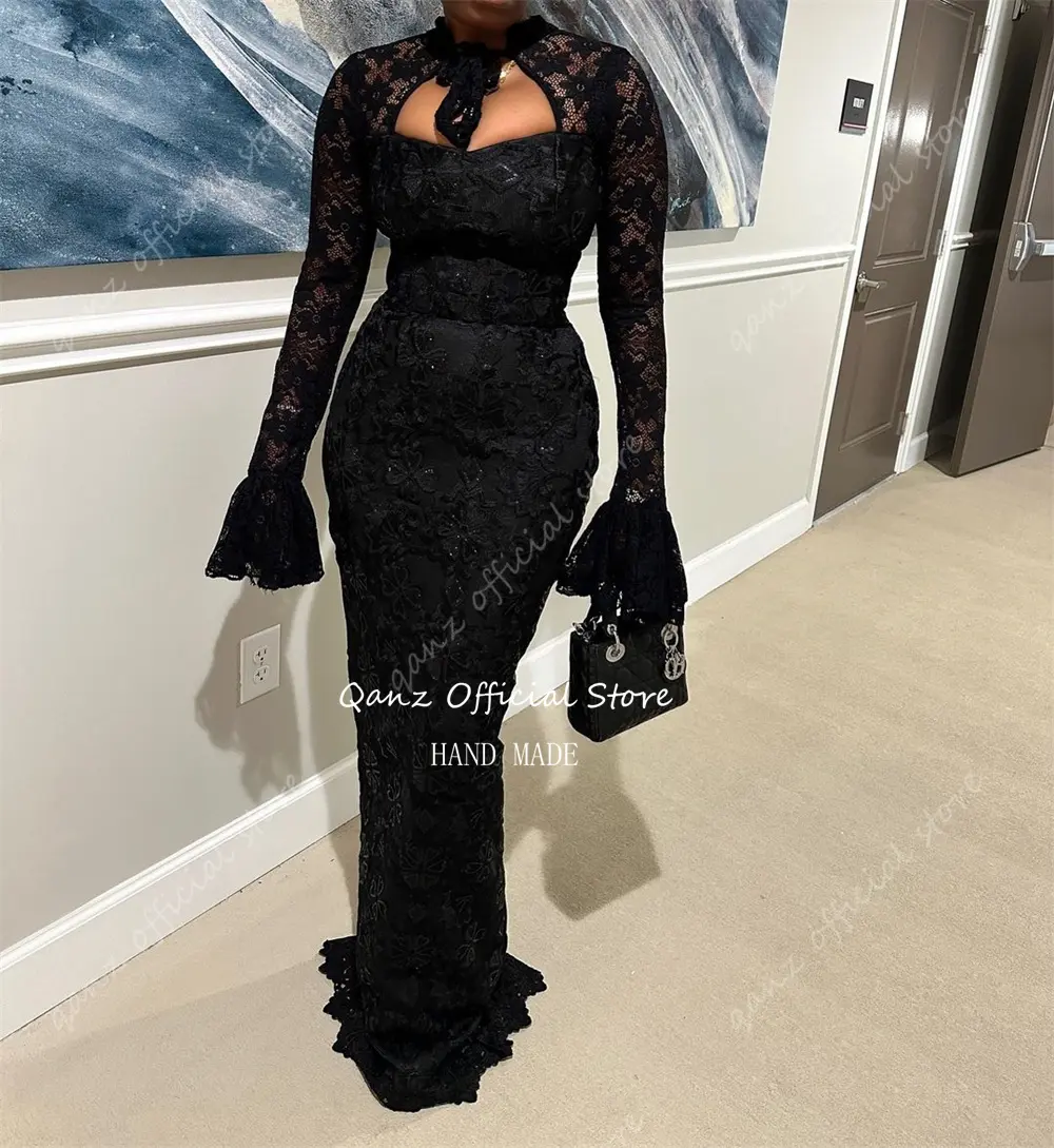 Qanz Luxury Lace Evening Dresses Black Long Sleeves Mermaid Formal Occasion Dresses Customized Arabische Abendkleider