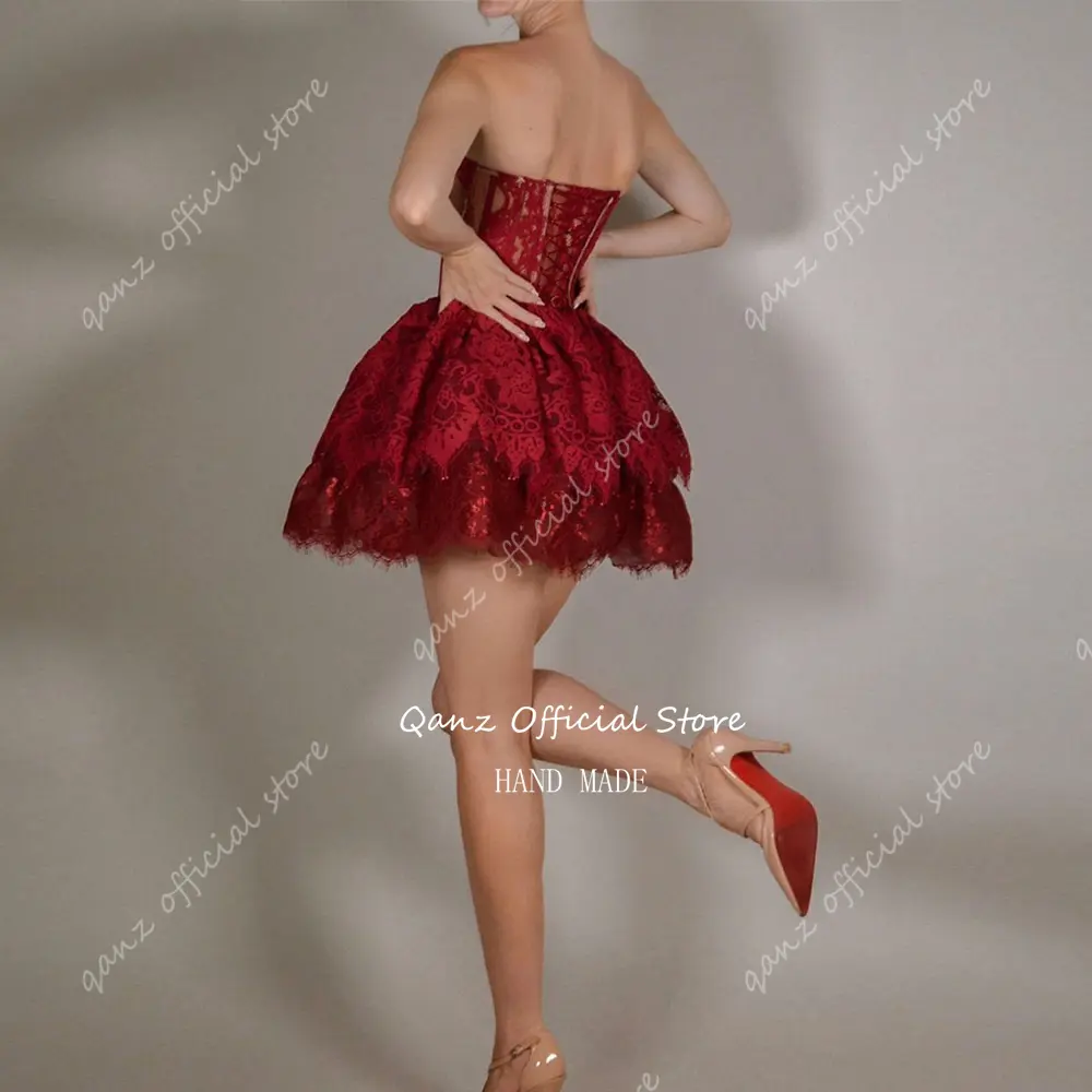Qanz Burgundy Prom Dresses Women Sweetheart Lace Appliques Mini Robes De Cocktail Sleeveless Short Birthday Dresses Customized