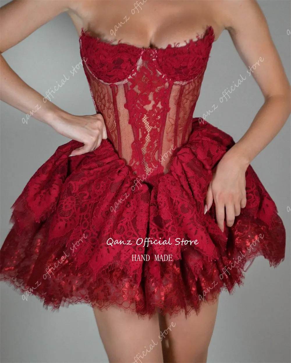 Qanz Burgundy Prom Dresses Women Sweetheart Lace Appliques Mini Robes De Cocktail Sleeveless Short Birthday Dresses Customized