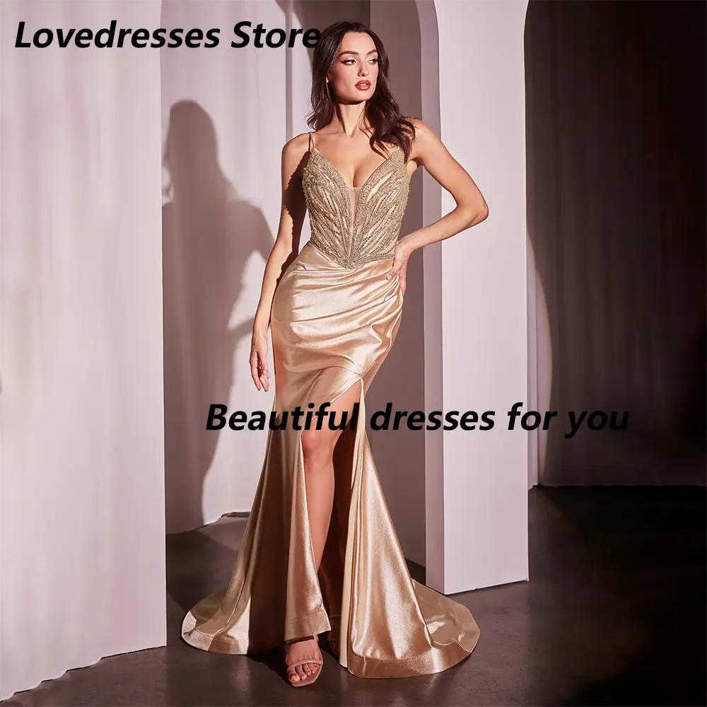 Fuchsia Prom Dress Customized Luxury Spaghetti Strap V Neck Sparkles Bodice Pearl Evening Dress Slit Mermaid Party Dress 2025
