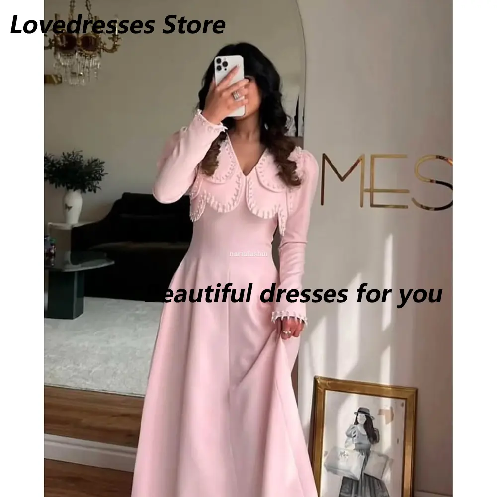 Pink Evening Dress Customized Long Sleeves V Neck A Line Floor Length Formal Occasion Gown Custom Size Evening Gown