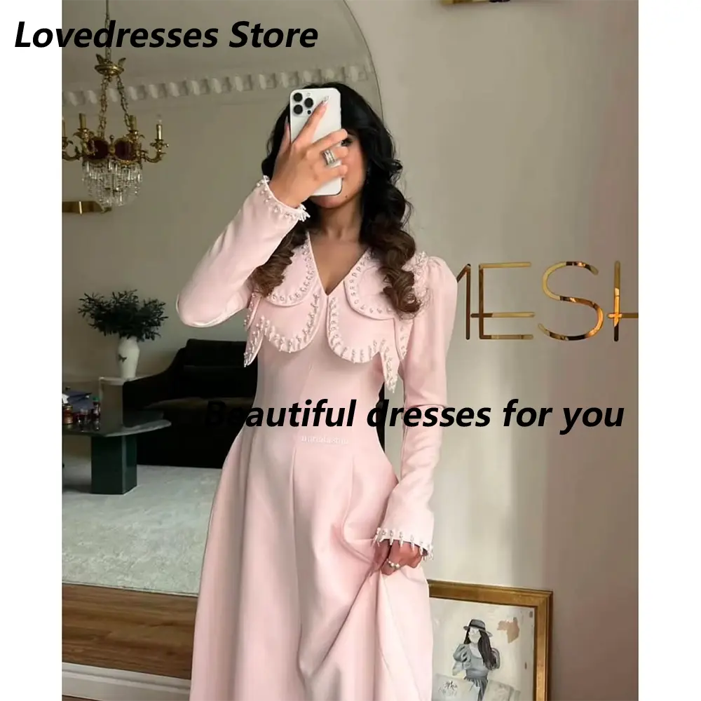 Pink Evening Dress Customized Long Sleeves V Neck A Line Floor Length Formal Occasion Gown Custom Size Evening Gown