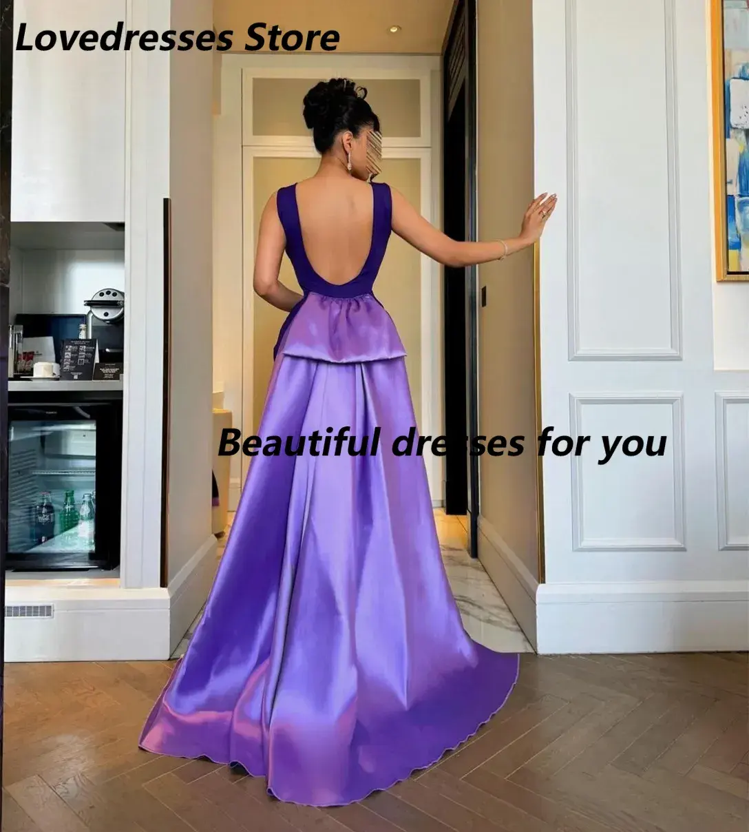 Customized Elegant Purple O-Neck Long Evening Dresses Mermaid Satin Open Back Sweep Train Prom Dresses for Women for Special