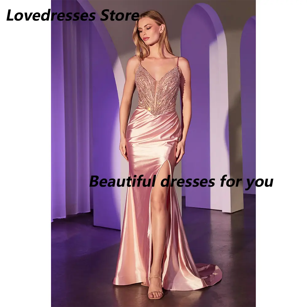 Fuchsia Prom Dress Customized Luxury Spaghetti Strap V Neck Sparkles Bodice Pearl Evening Dress Slit Mermaid Party Dress 2025