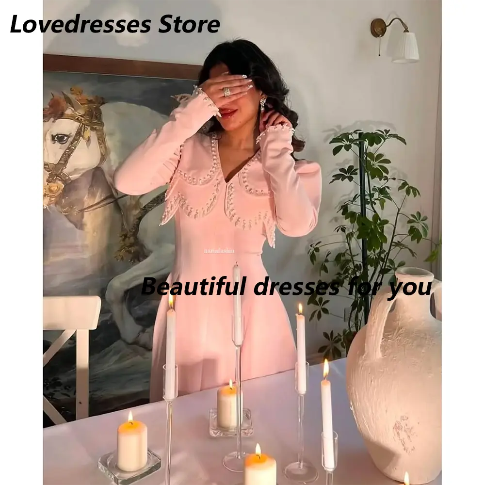 Pink Evening Dress Customized Long Sleeves V Neck A Line Floor Length Formal Occasion Gown Custom Size Evening Gown