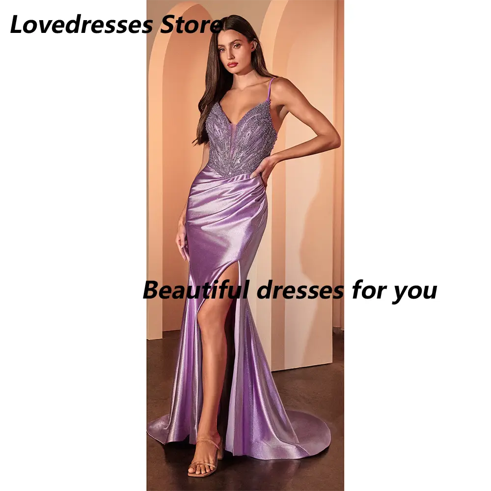 Fuchsia Prom Dress Customized Luxury Spaghetti Strap V Neck Sparkles Bodice Pearl Evening Dress Slit Mermaid Party Dress 2025