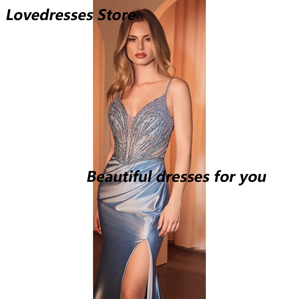 Fuchsia Prom Dress Customized Luxury Spaghetti Strap V Neck Sparkles Bodice Pearl Evening Dress Slit Mermaid Party Dress 2025
