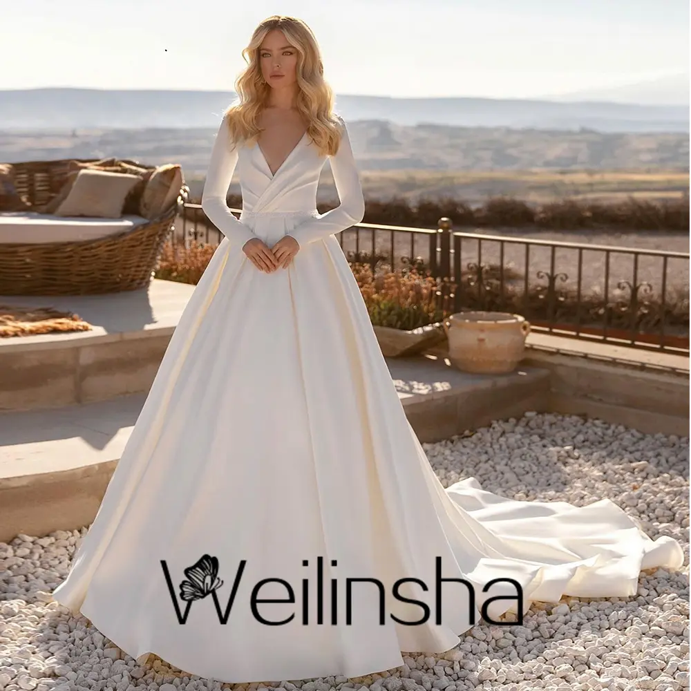 Satin Simple Wedding Dresses Customized A Line Sweep Train V Neck Full Sleeve Bridal Gowns 2025 New Summer Bridal Dress
