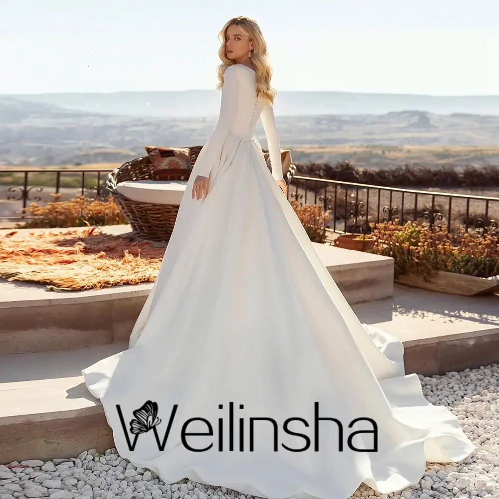 Satin Simple Wedding Dresses Customized A Line Sweep Train V Neck Full Sleeve Bridal Gowns 2025 New Summer Bridal Dress