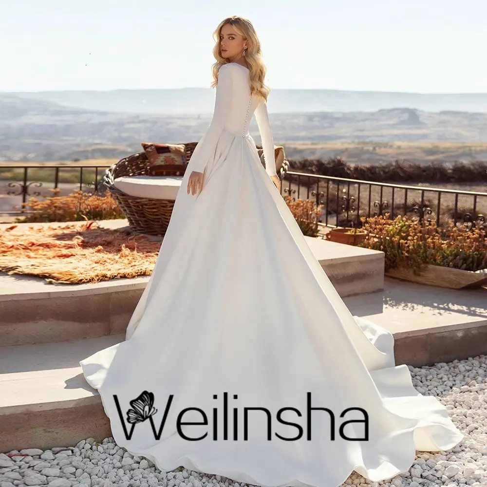 Satin Simple Wedding Dresses Customized A Line Sweep Train V Neck Full Sleeve Bridal Gowns 2025 New Summer Bridal Dress