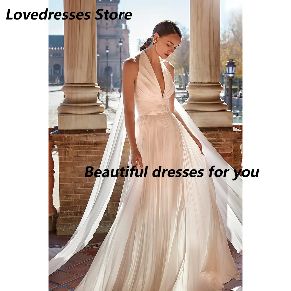 Elegant Wedding Dress for Women Bride Halter V-Neck Sleeveless Pleat A Line Floor Length Chiffon Simple Bridal Gown 2025