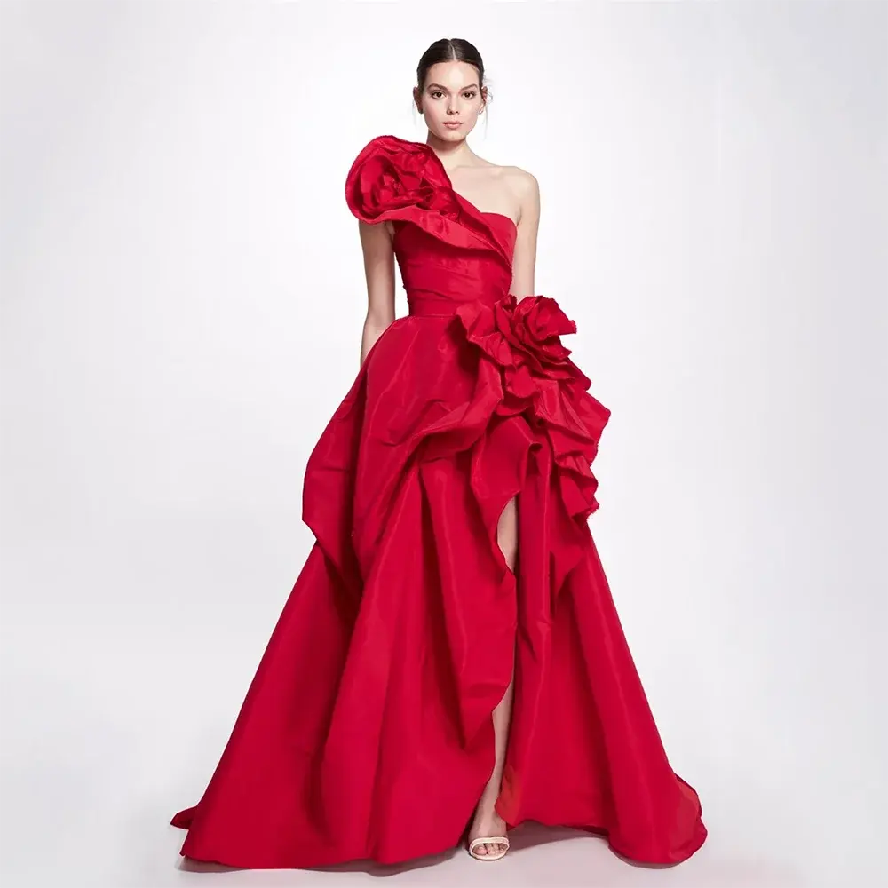 Red Satin Evening Dress Sexy One Shoulder Flower Pleats A Line Evening Gowns Floor-Length Party Dresses 2025 Customized