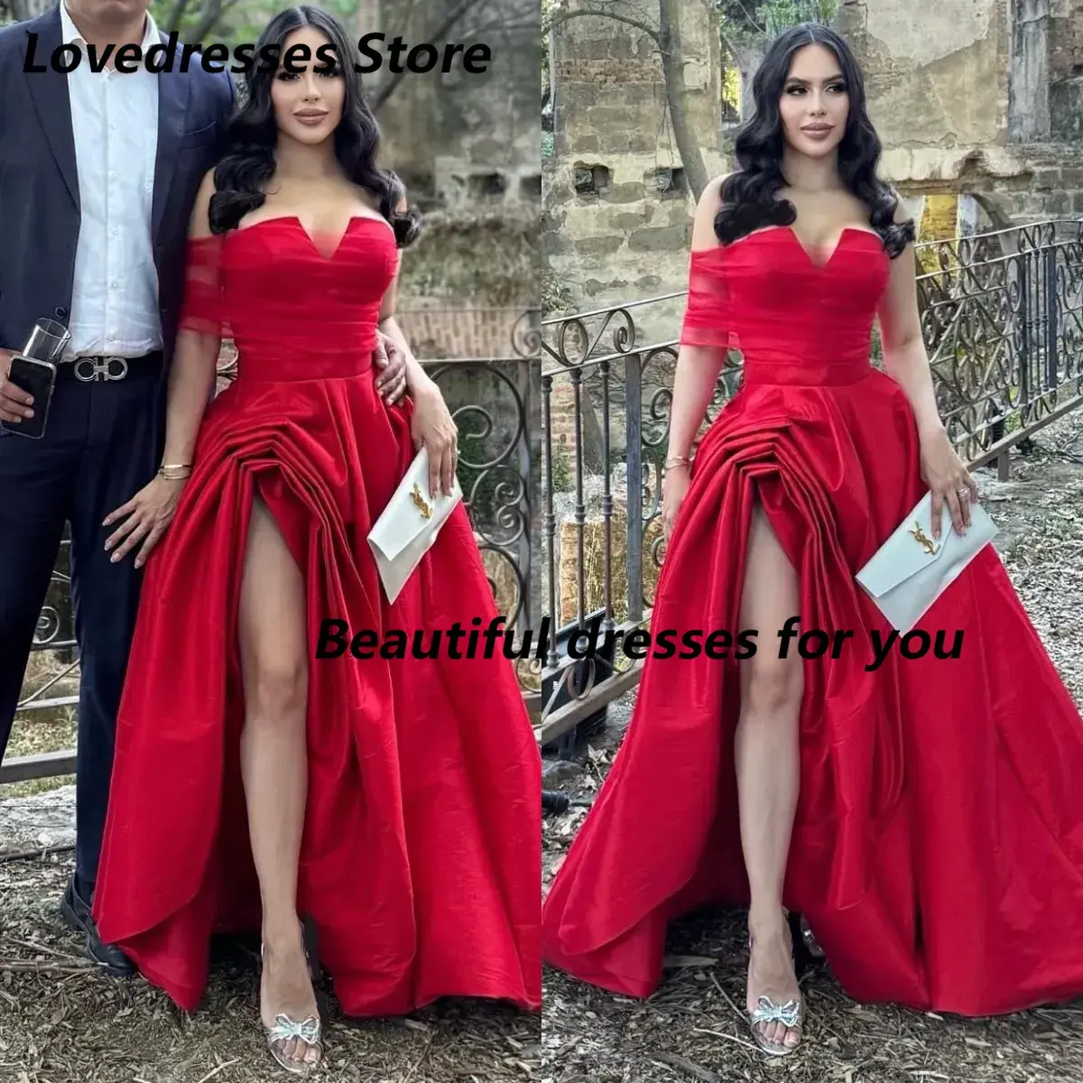 Customized Fashion Red Prom Dress A Line Tulle Strapless Evening Dresses Satin Split Backless Women Formal Party Dresses