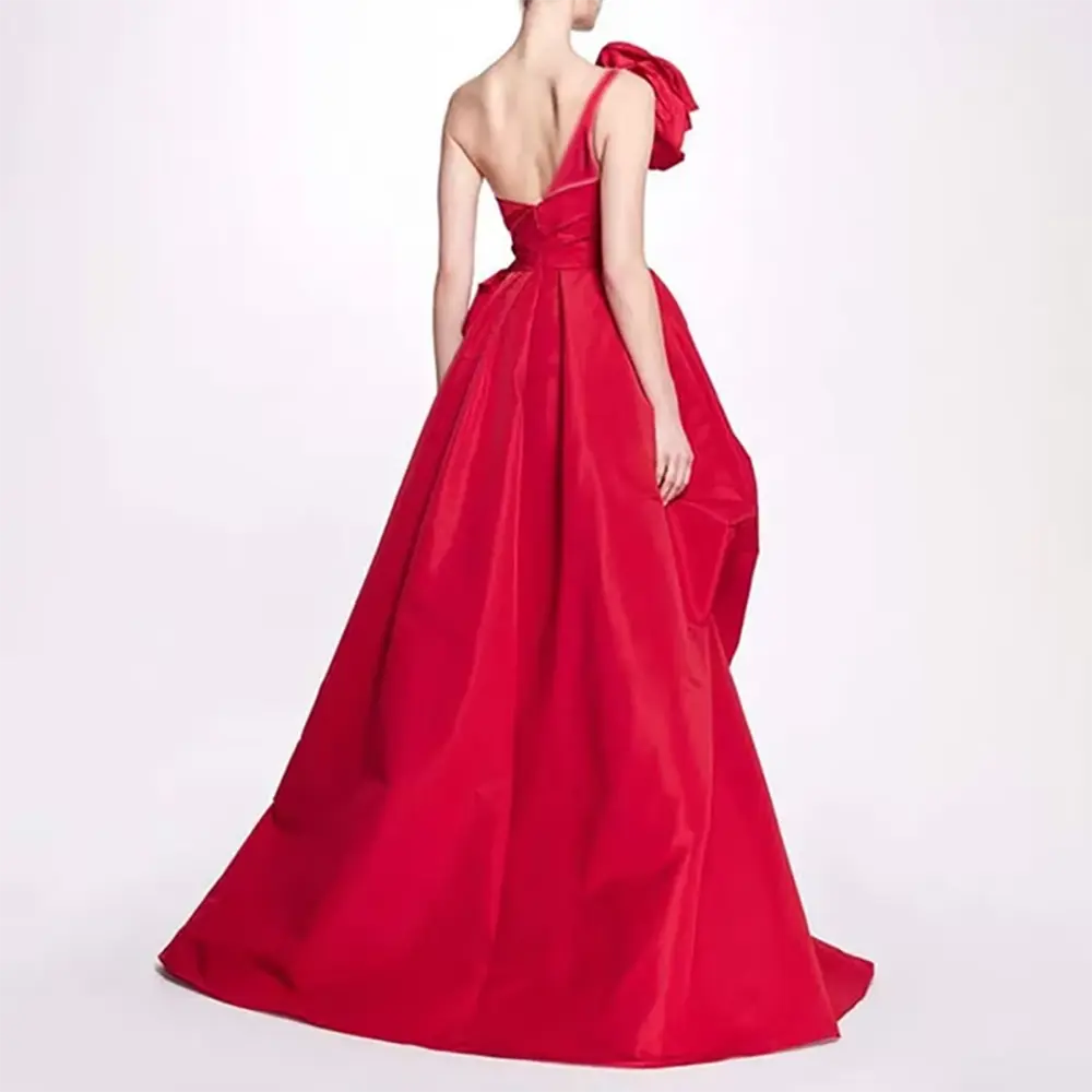 Red Satin Evening Dress Sexy One Shoulder Flower Pleats A Line Evening Gowns Floor-Length Party Dresses 2025 Customized