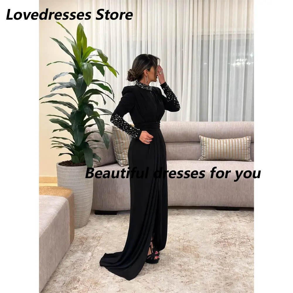 Black Evening Dress Customized Long Sleeves Beading Crystal High Neck Floor Length Saudi Arab Prom Gown Arabian Formal Dresses