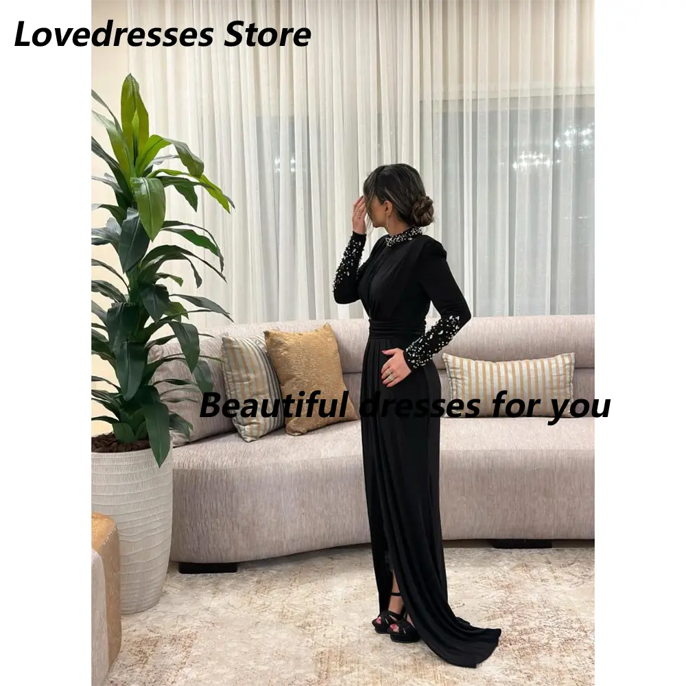 Black Evening Dress Customized Long Sleeves Beading Crystal High Neck Floor Length Saudi Arab Prom Gown Arabian Formal Dresses