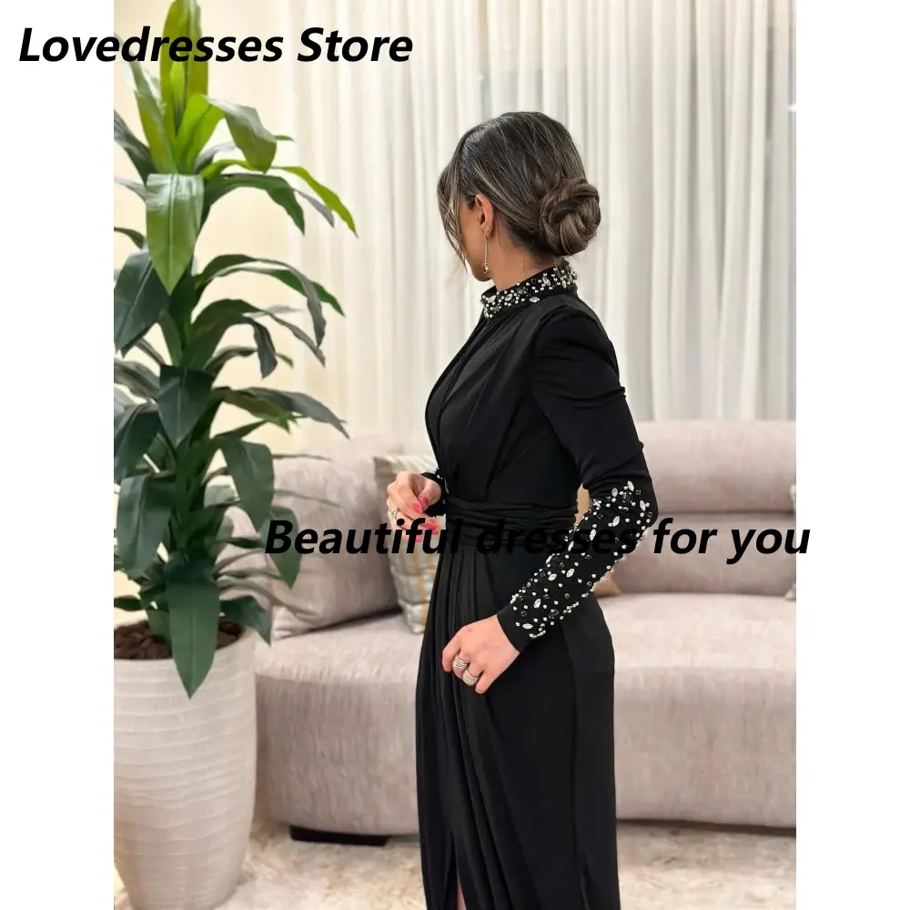 Black Evening Dress Customized Long Sleeves Beading Crystal High Neck Floor Length Saudi Arab Prom Gown Arabian Formal Dresses