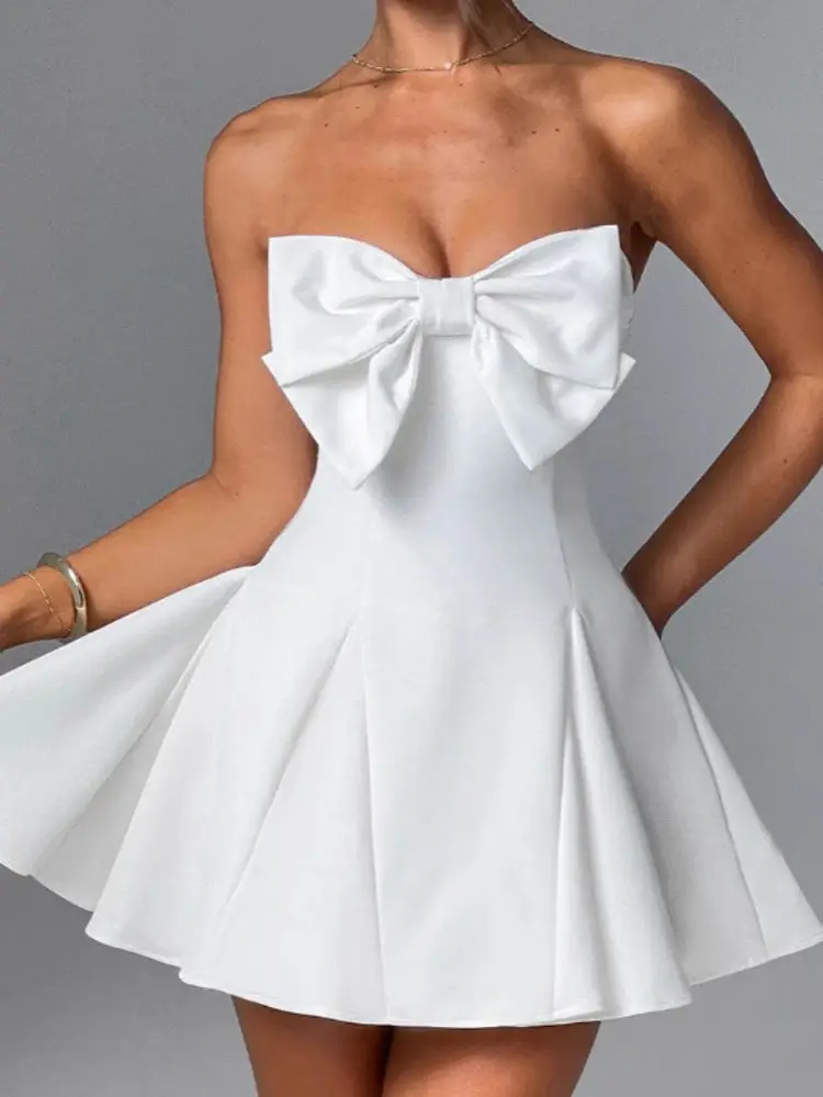Mozision Bow Strapless Backless Sexy Mini Dress For Women Robe Fashion Solid Off-shoulder Sleeveless A-line Club Dress Vestido