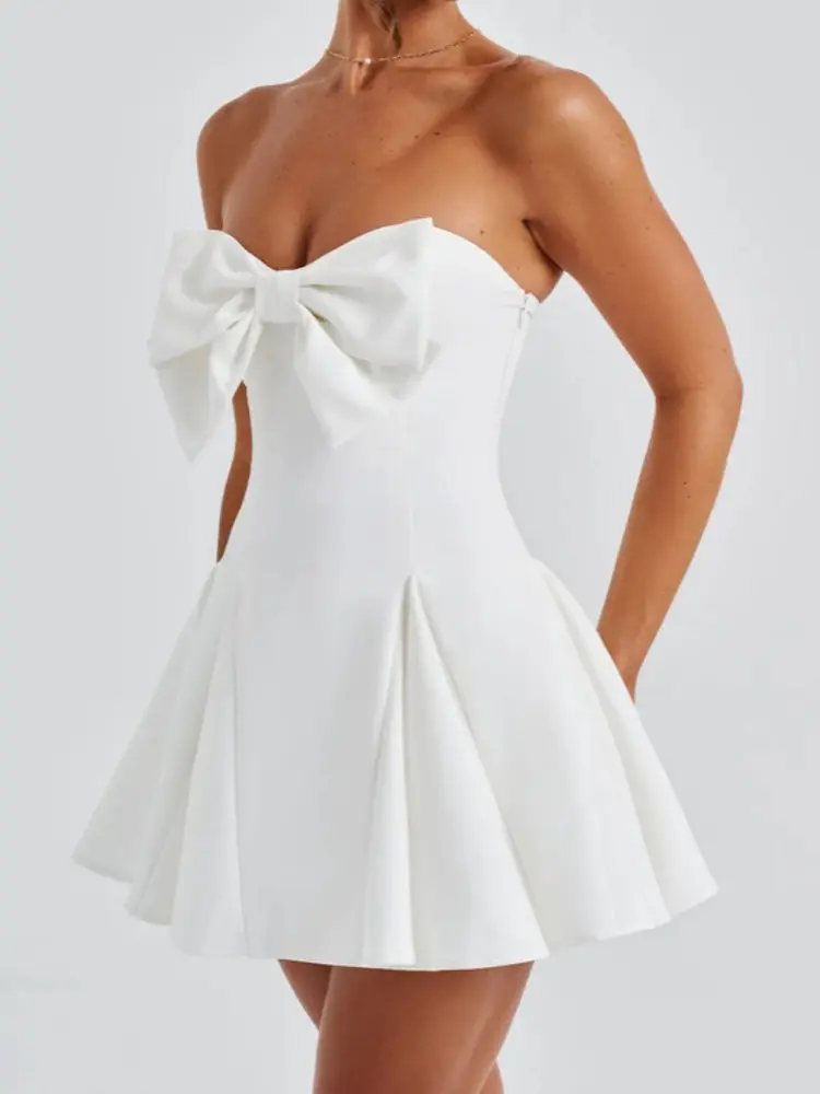 Mozision Bow Strapless Backless Sexy Mini Dress For Women Robe Fashion Solid Off-shoulder Sleeveless A-line Club Dress Vestido