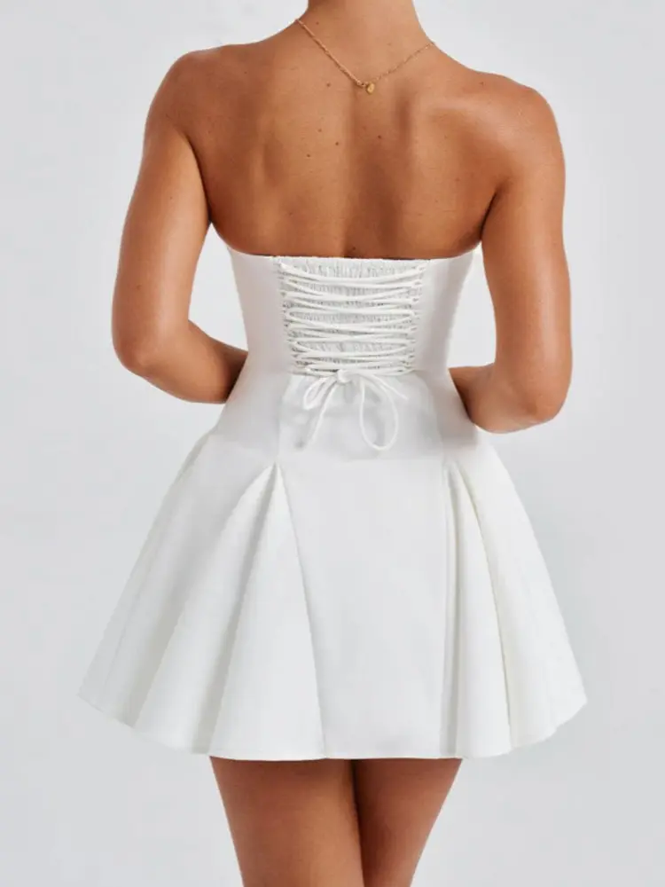 Mozision Bow Strapless Backless Sexy Mini Dress For Women Robe Fashion Solid Off-shoulder Sleeveless A-line Club Dress Vestido
