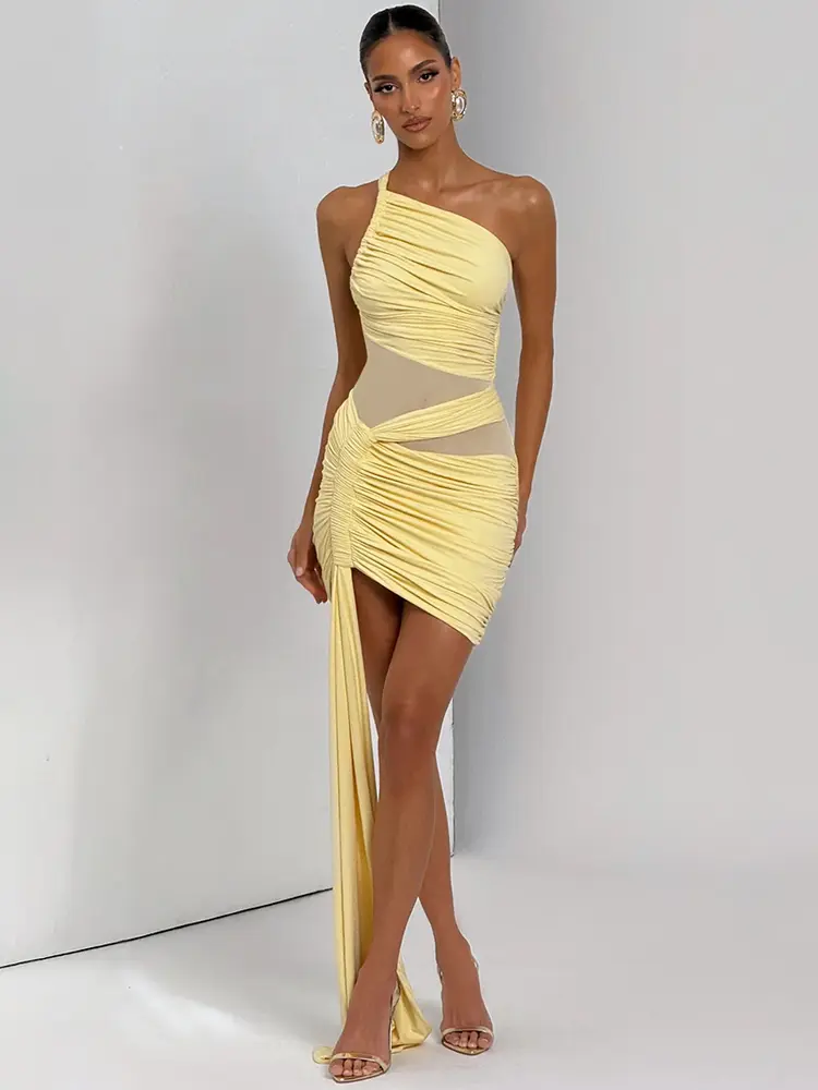 Mozision Inclined Shoulder Backless Sexy Mini Dress Women Fashion Mesh Patchwork Sleeveless Draped Ruched Club Party Dresses