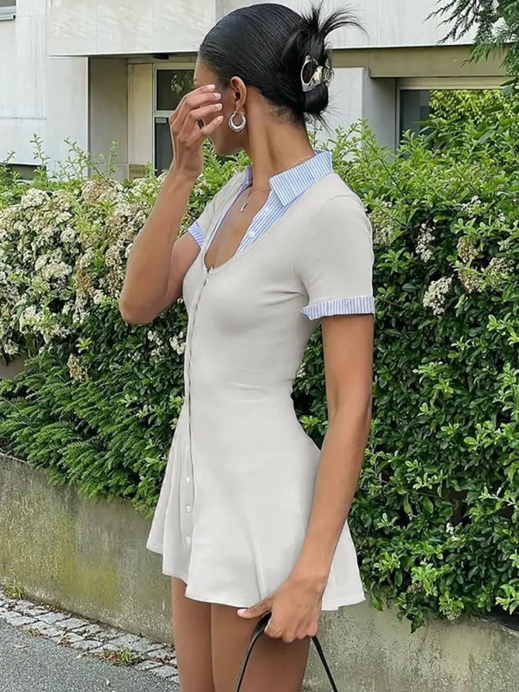 Mozision Fashion Short Sleeve Sexy Mini Dress Women Patchwork Square Collar Striped Single-breasted Slim High Waist Dress